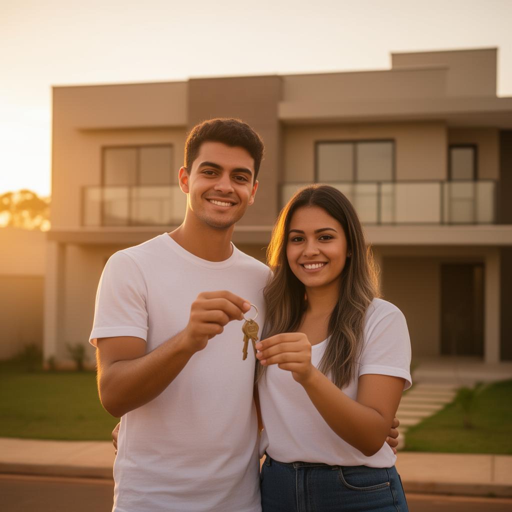 Casal jovem em frente à casa nova segurando as chaves